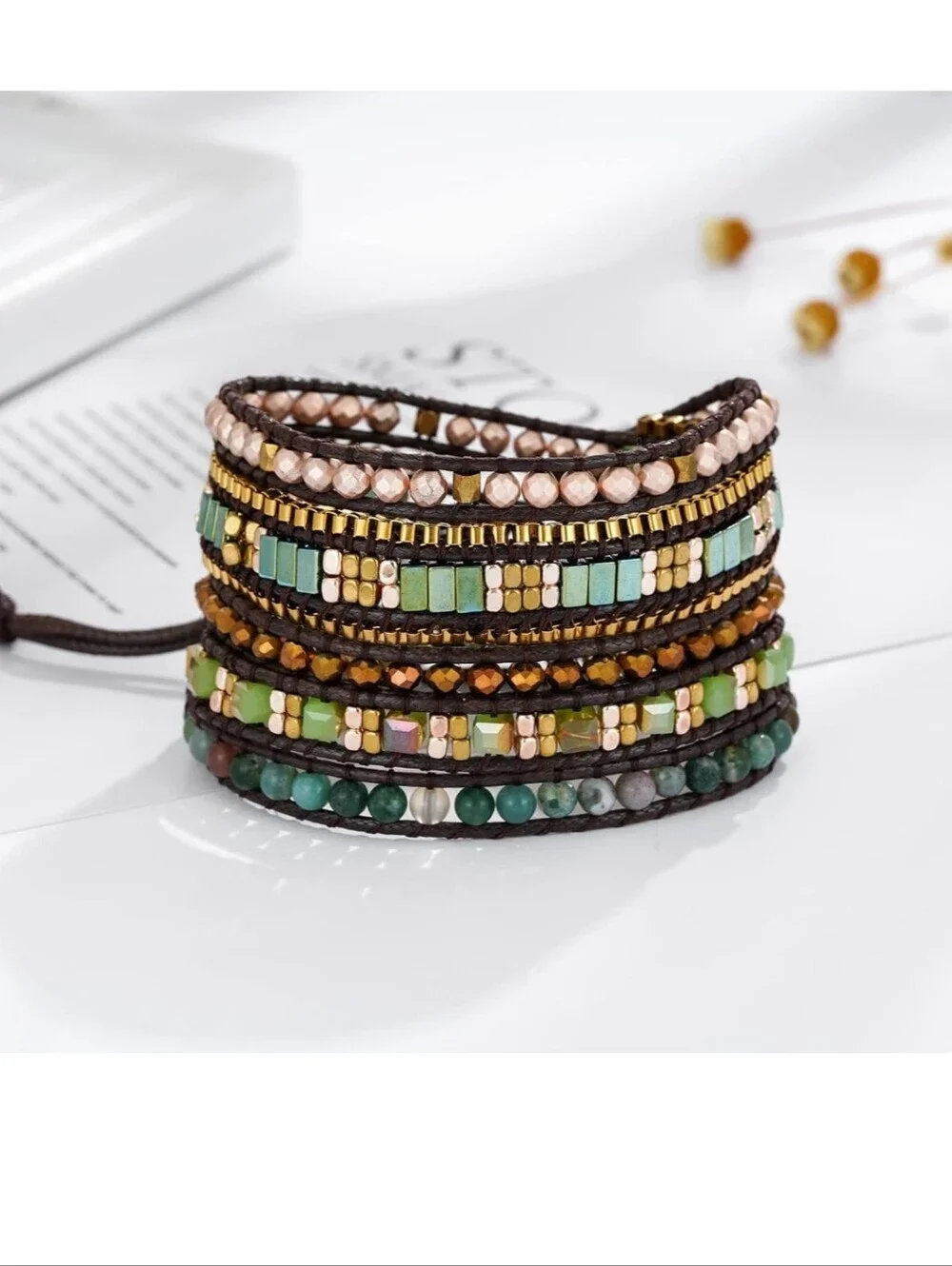 Multistrand Beaded Wrap Bracelet in Green and Gold